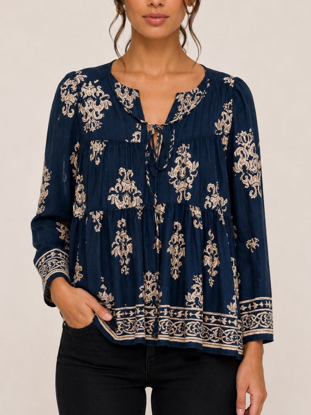 Altar'd State Navy and Cream Printed Peasant Blouse